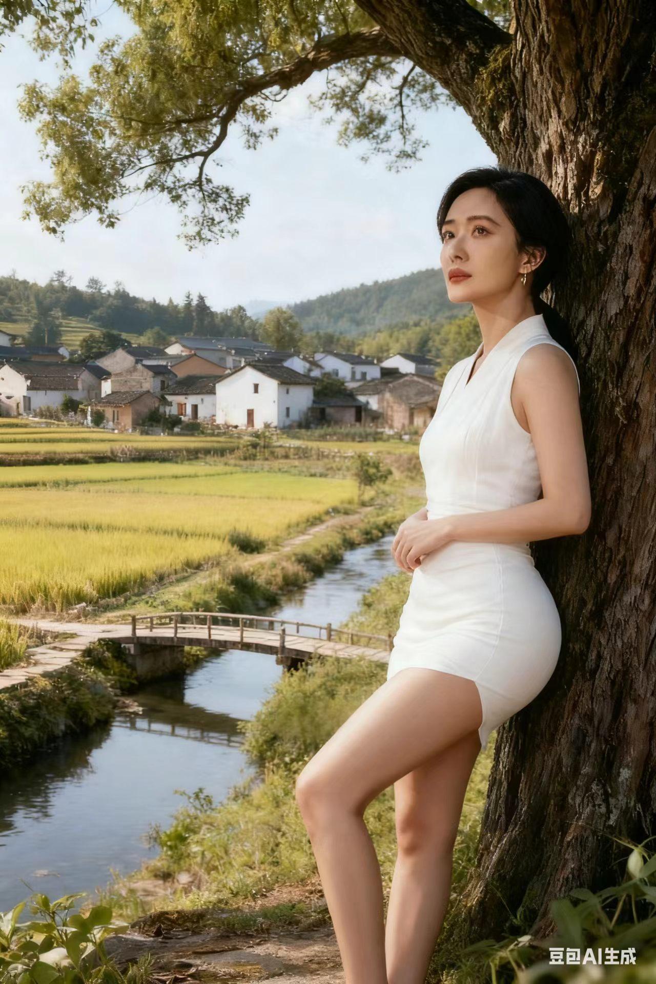 一袭素白长裙静倚老树，稻香随风漫过潺潺溪畔。女子凝神远眺远山，眉眼间藏着绵长惦念