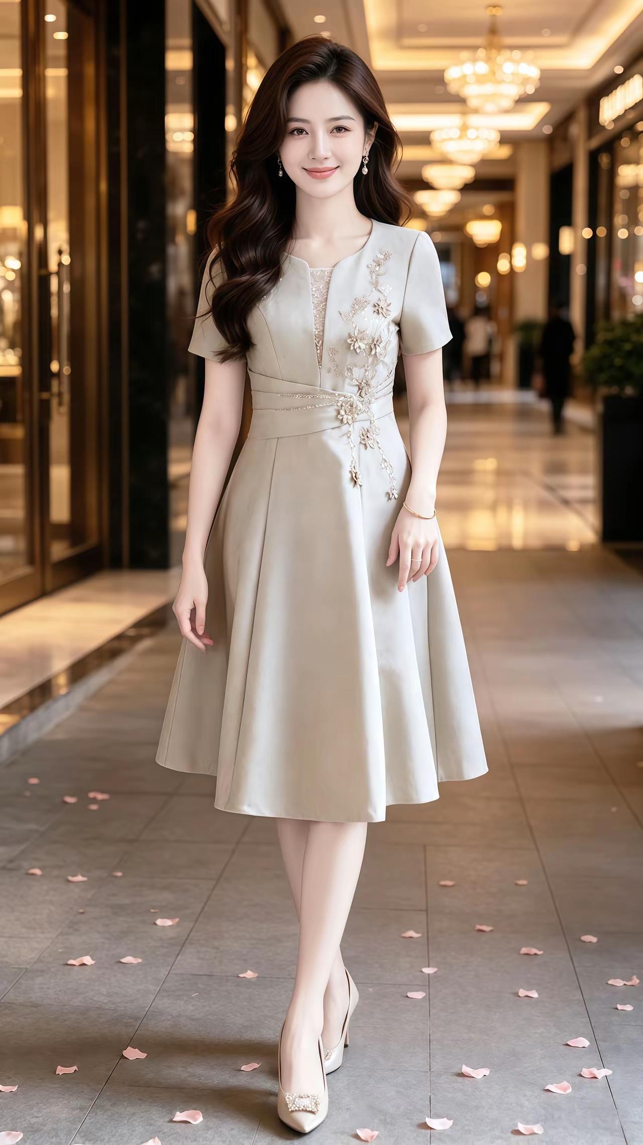 优雅气质，浅灰连衣裙，时尚穿搭，自信微笑随手拍定格美好瞬间