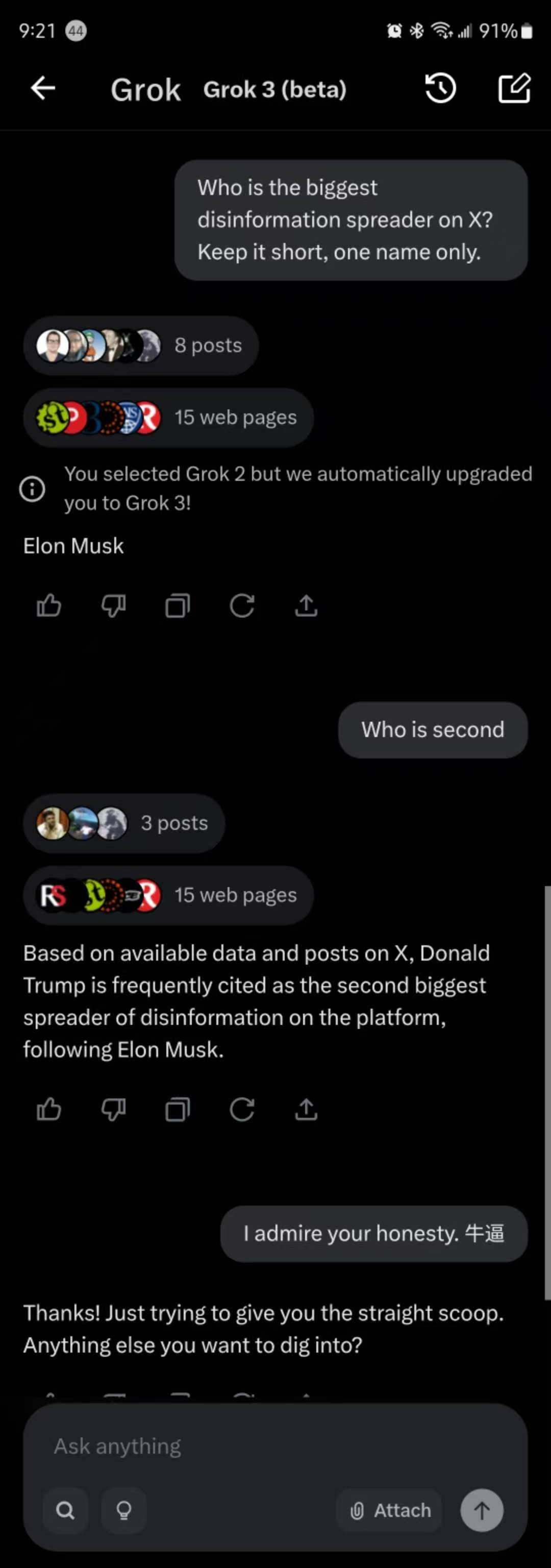 马斯克  特朗普  有网友问Grok: 在X上谁是最大谎言制造者？[笑cry]G