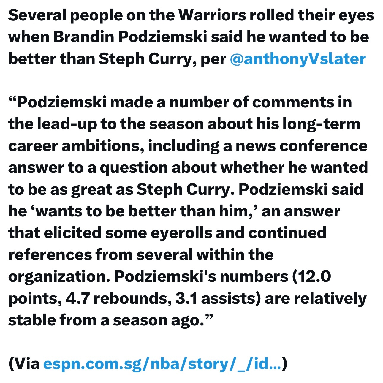 勇士队记：当波杰姆斯基表示自己“想超越库里”时，勇士内部多人翻了不屑的白眼。赛季