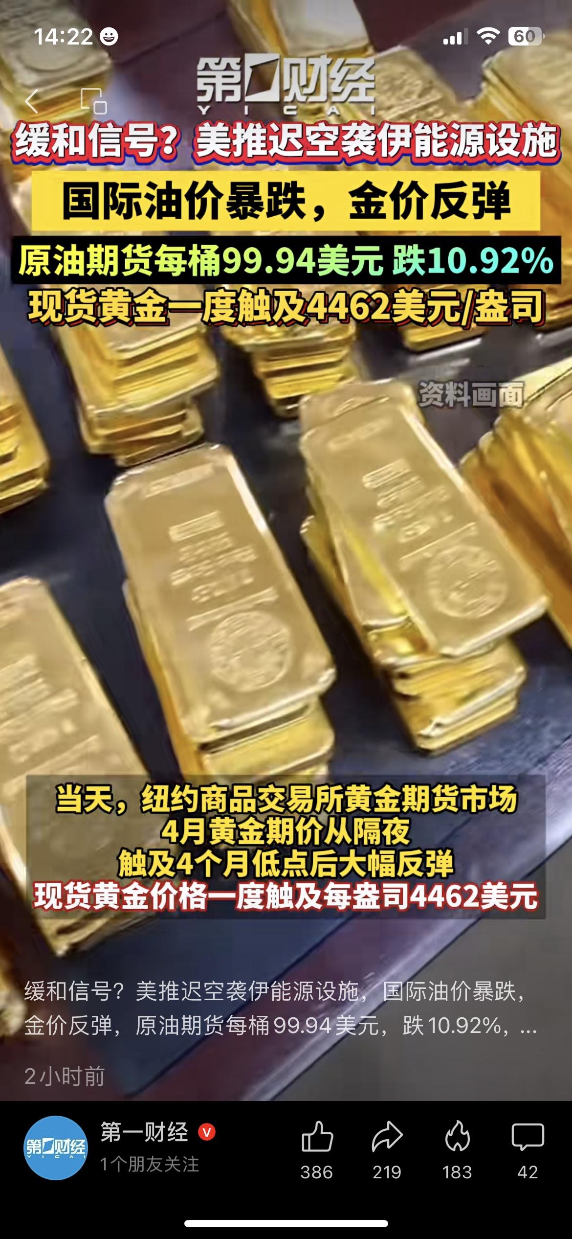 油价暴跌10%黄金又反弹！美伊这出戏晃晕全球钱包
今早刷到原油期货暴跌10.92