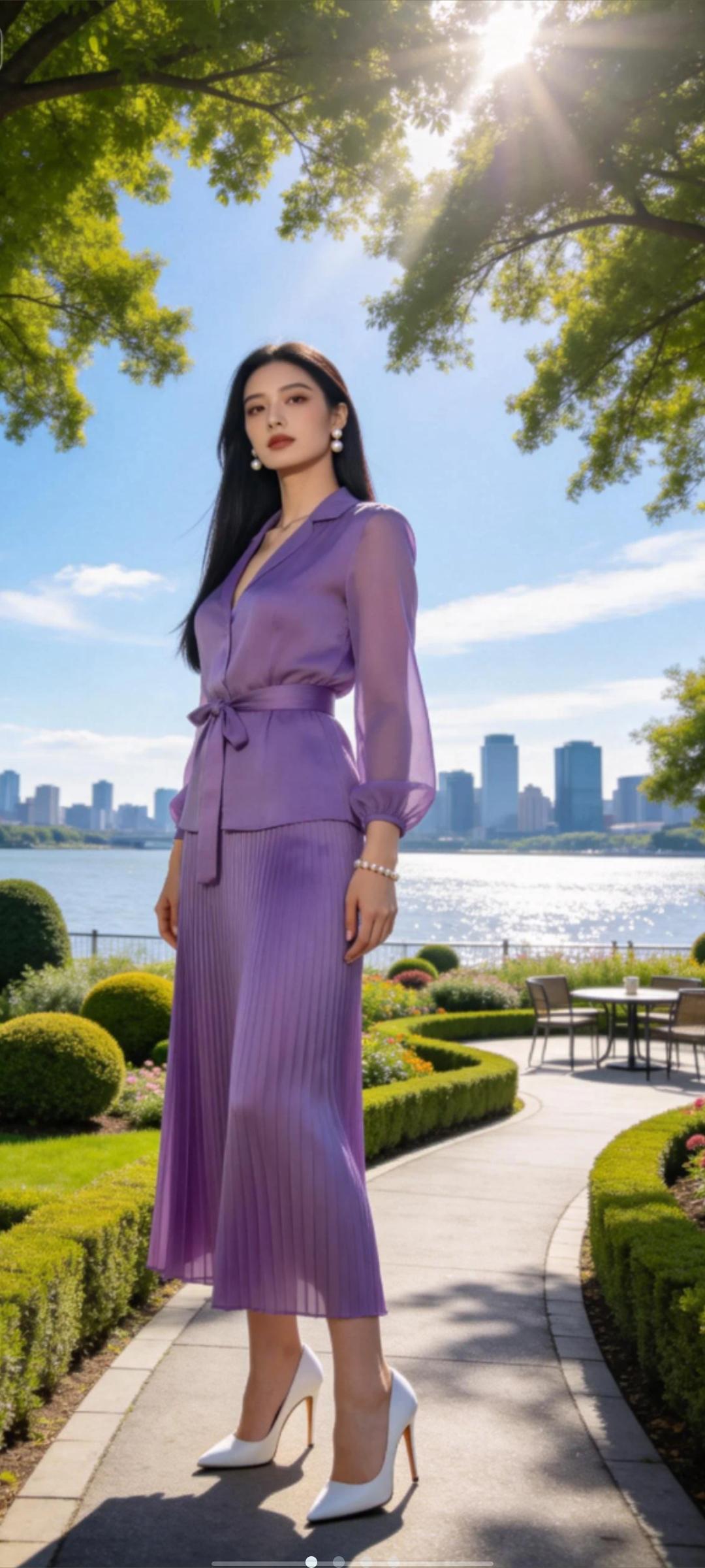 背景阳光洒满的滨江公园，以仰视角度呈现全景。蓝天澄澈，几缕白云轻飘，阳光透过茂密