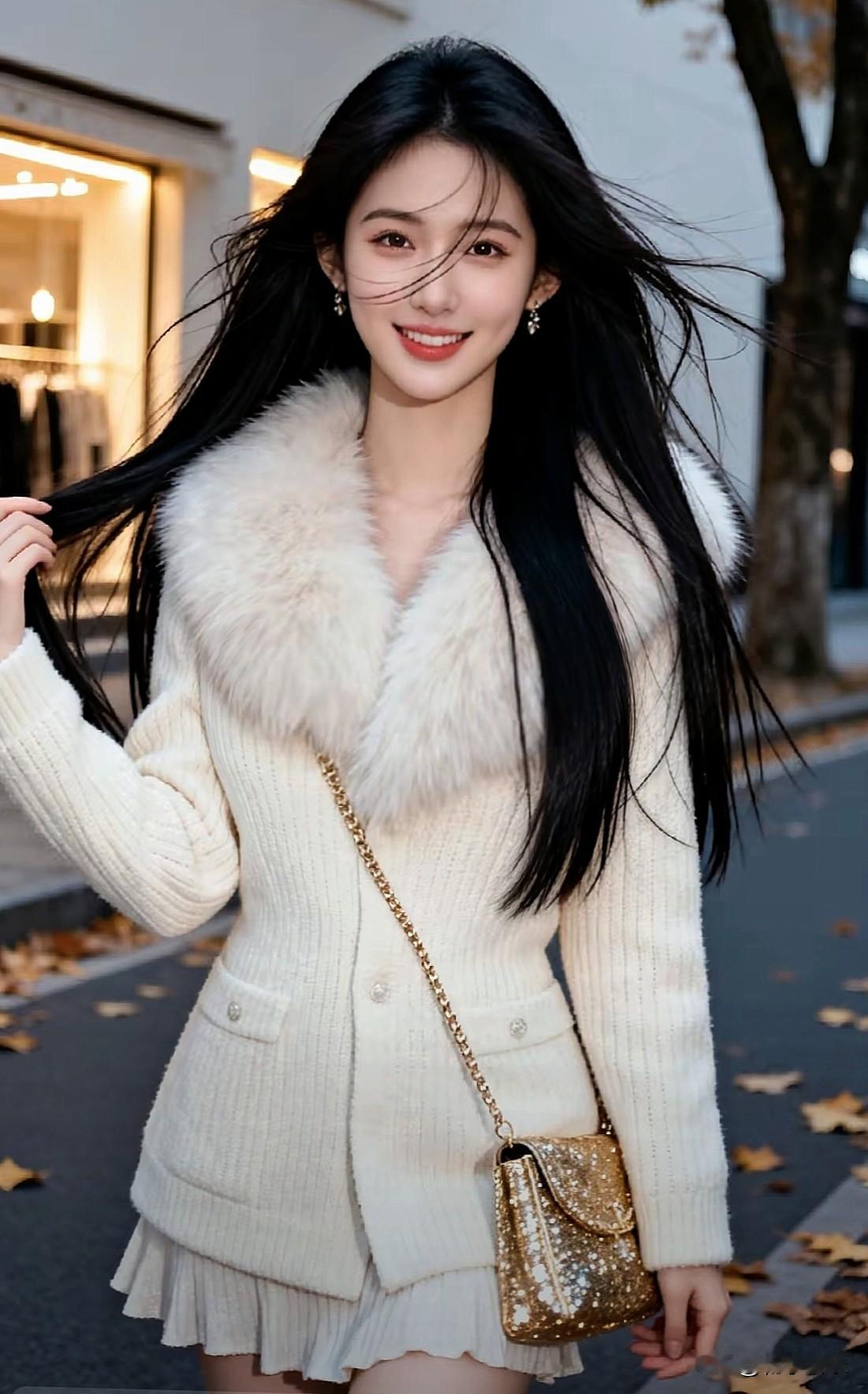 暖阳为毛绒外套镀上金边，少女的甜美在温柔褶皱间绽放，时尚与暖意悄然相拥，每一帧都