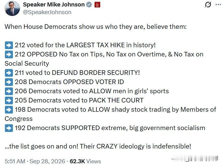众议长Mike Johnson：
 
当众议院民主党人展露自身立场时，请相信他们