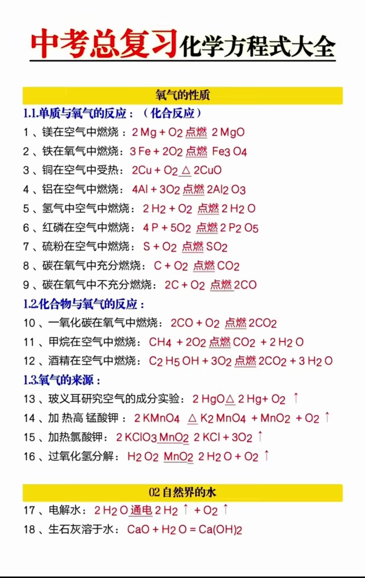 中考总复习化学方程式大全