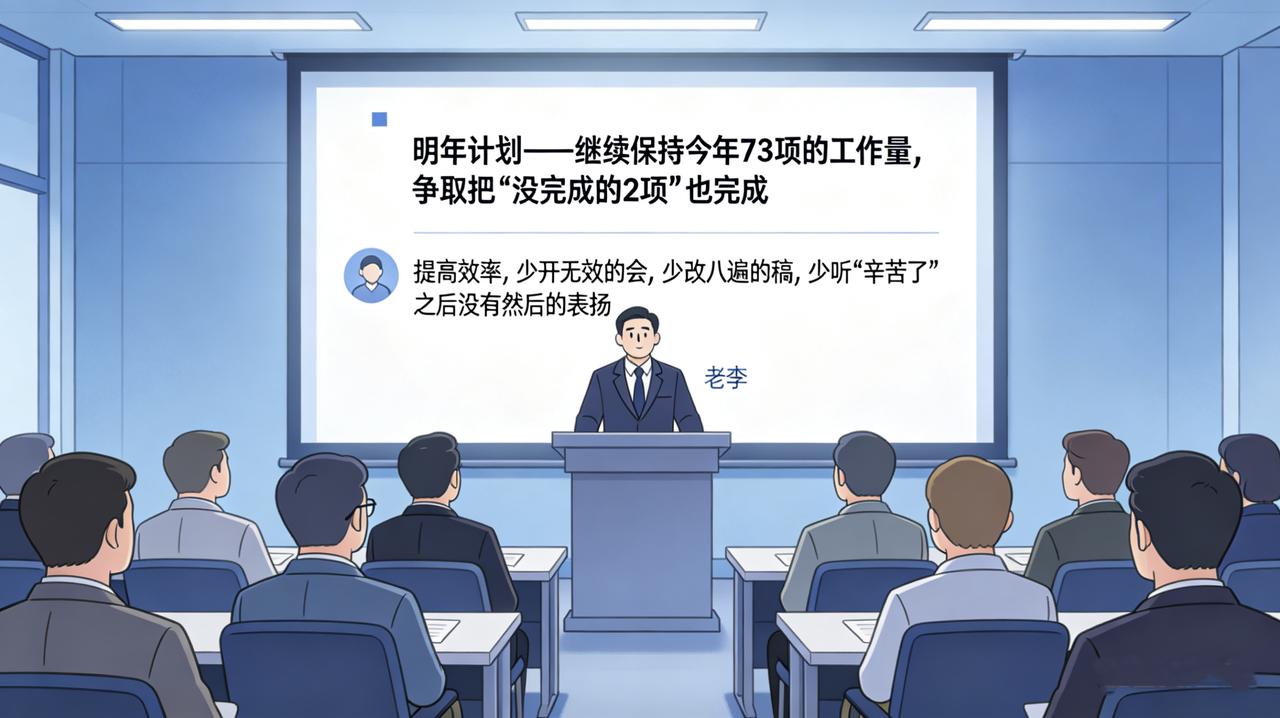 年终述职，轮到老李。
他打开PPT，第一页写着：今年完成工作73项，其中重要事项