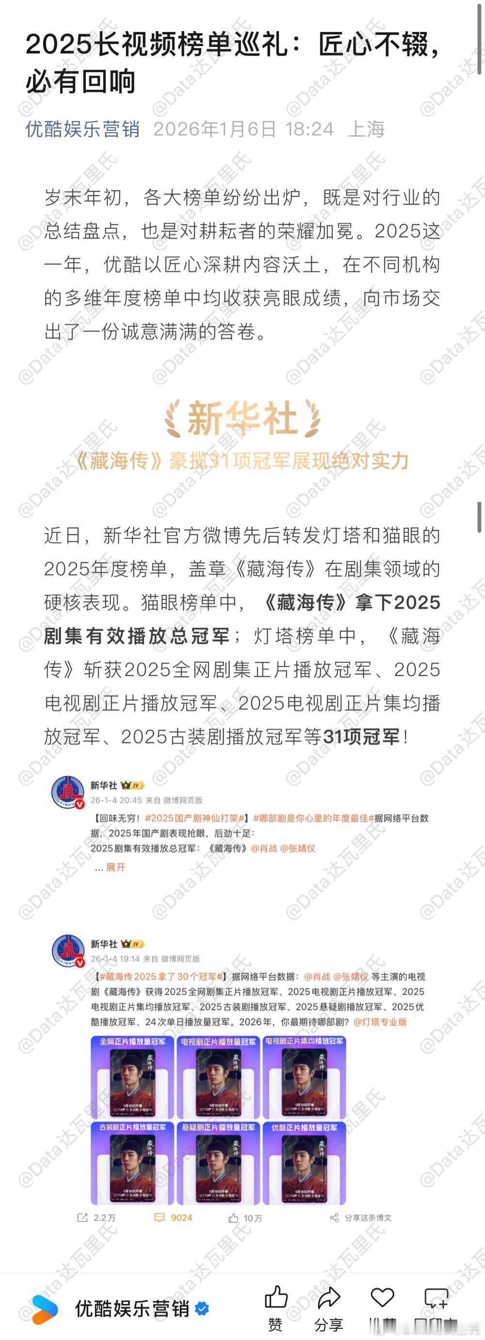 2025优酷长视频榜单巡礼 优酷自家的盘点，盘点的榜单包括灯塔、猫眼、云合、酷云