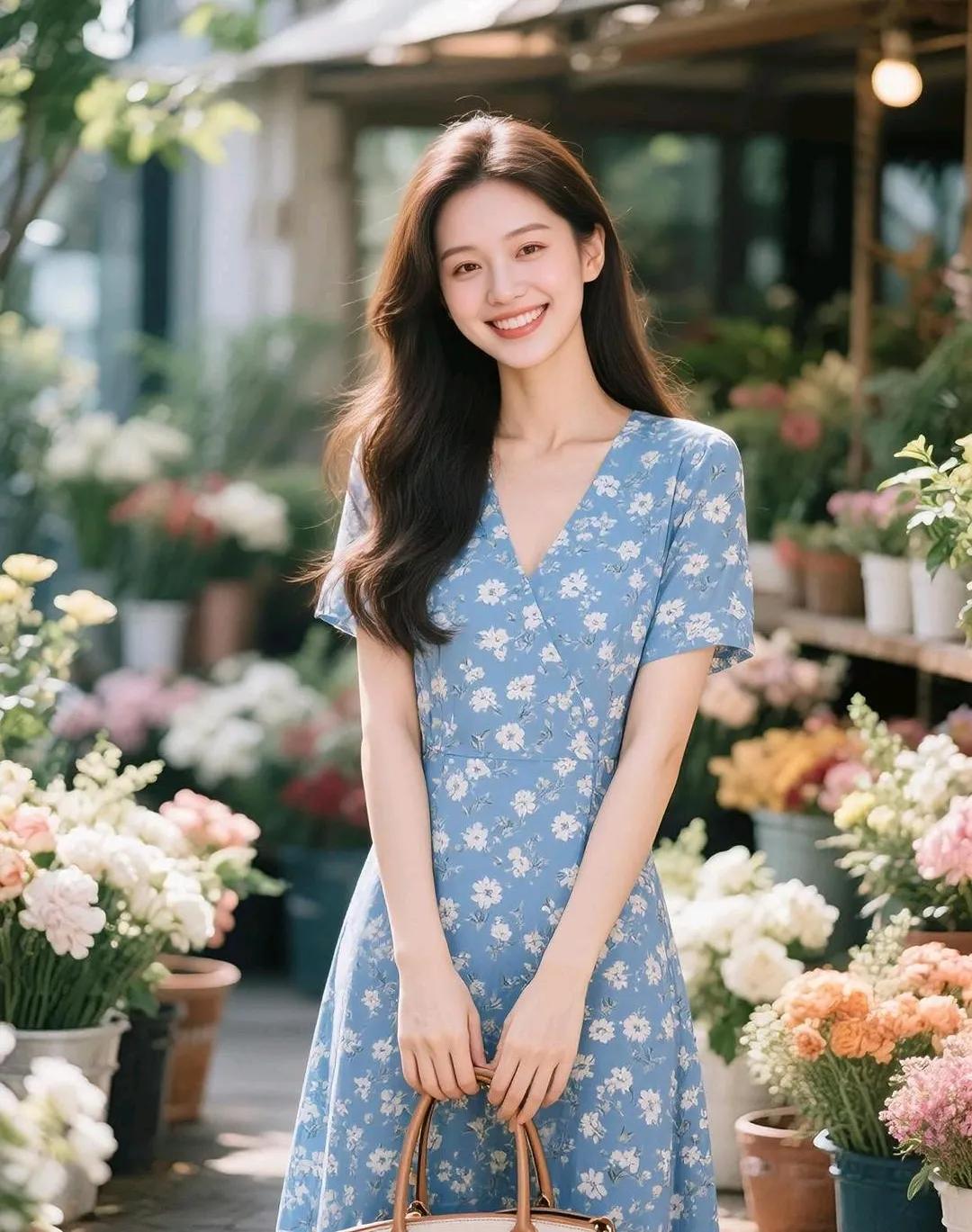 阳光明媚的午后，花海中的甜美笑容。