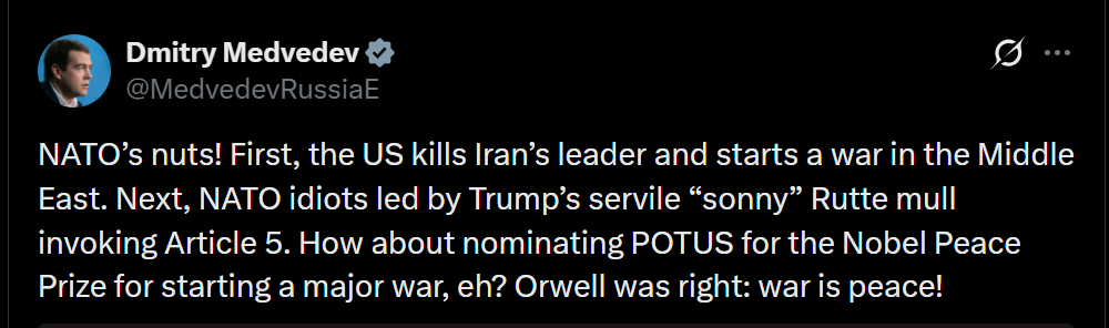 🔻梅德韦杰夫：“北约真是疯了！先是美国干掉了伊朗的领导人，在中东挑起战火。接着