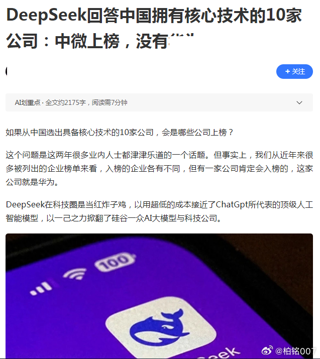deepseek引发风波，网友问deepseek，中国十大拥有核心技术的公司，结