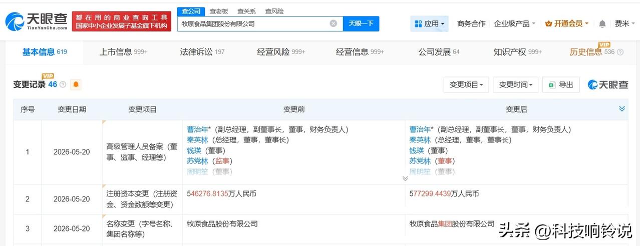 【牧原股份增资至约57.7亿】
天眼查App显示，近日，牧原食品股份有限公司发生