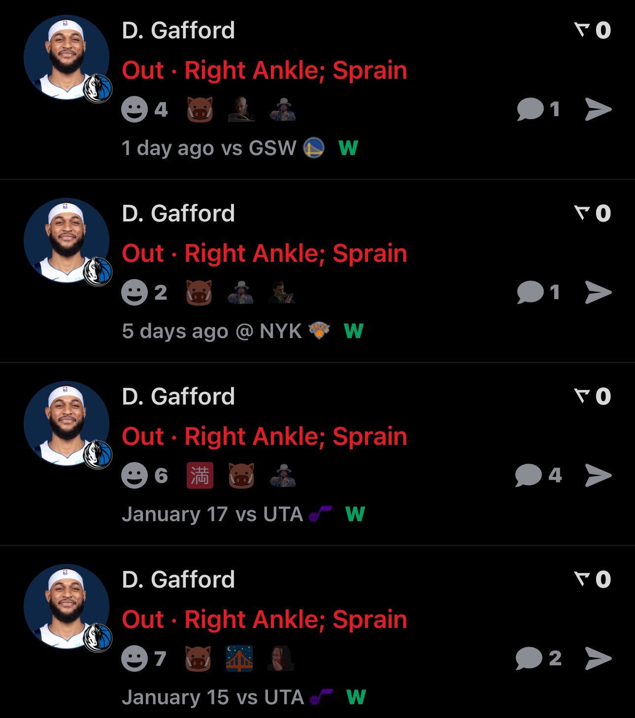 缺席了此前四场比赛得独行侠中锋加福德今天复出打湖人。 