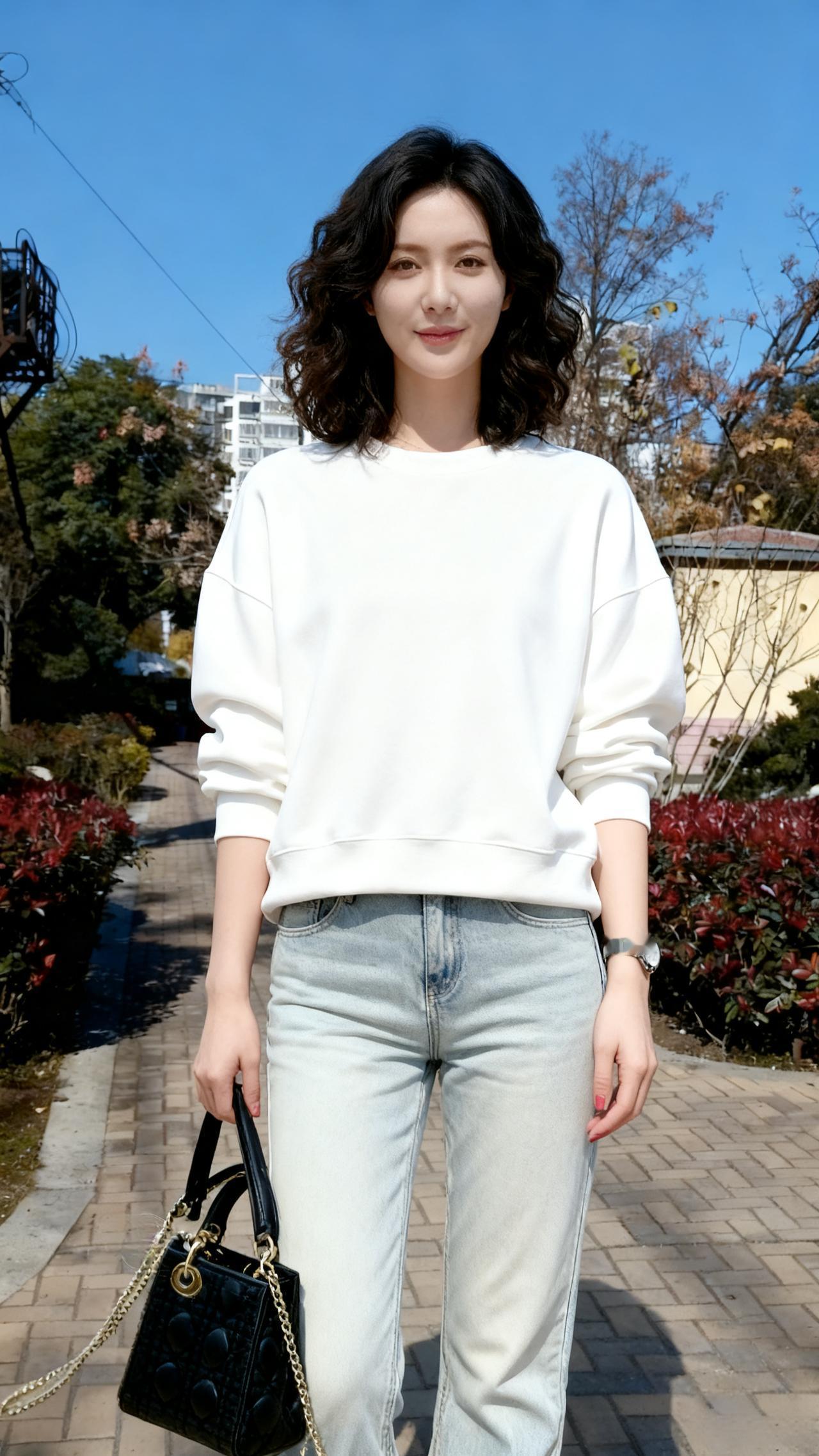 白色卫衣是云朵的分身
落在她身上，便有了体温
牛仔裤裹着青春的弧度
每一步都踩着