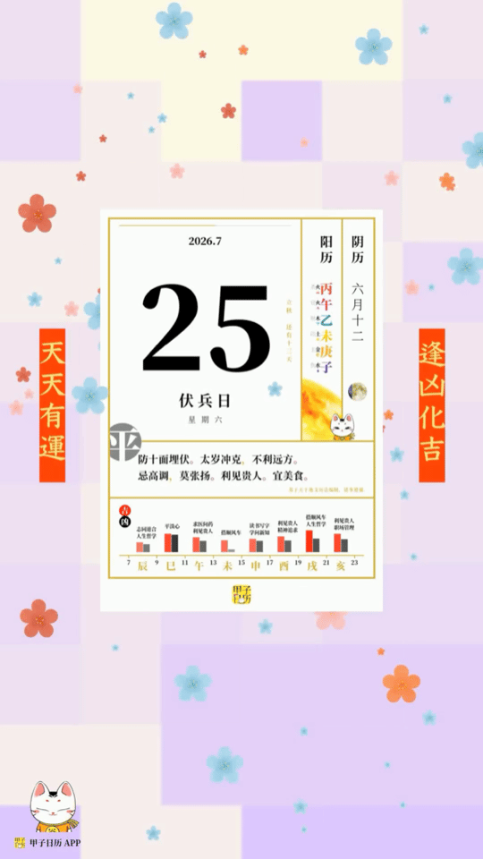 甲子日历 7 月 25 日，伏兵日。防十面埋伏。太岁冲克，不利远方。📆 星座人