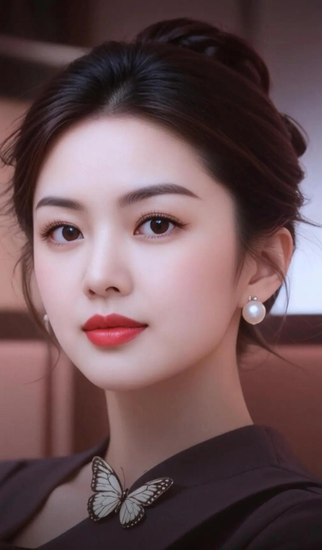 优雅气质，珍珠耳环与蝴蝶胸针的完美搭配，尽显女性魅力！高清美女 美女人像群