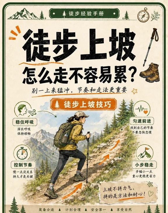 徒步上坡技巧｜徒步上坡怎么走不容易累？🌿
很多人一到上坡就开始喘，
不一定是体