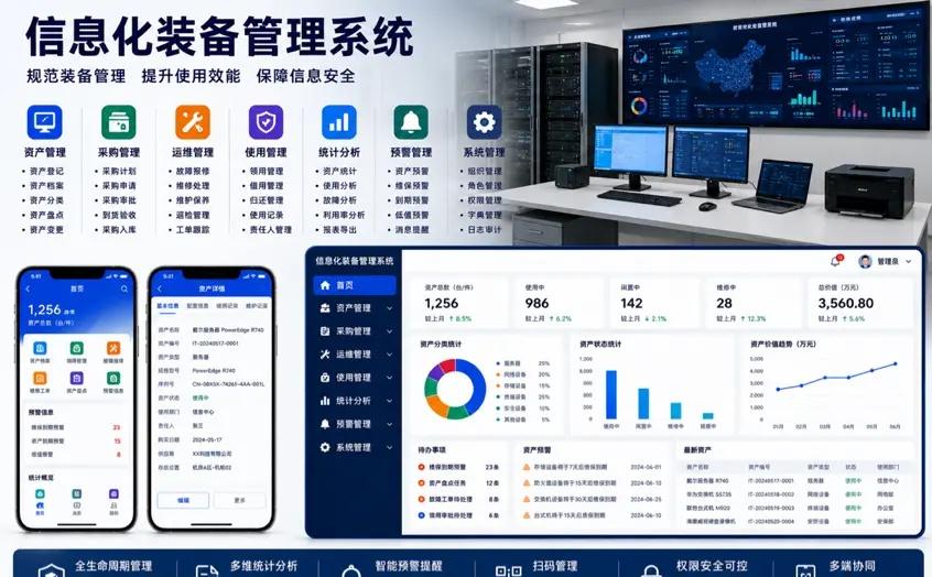 信息化装备管理系统。集装备档案、采购入库、领用归还、调拨盘点、维修保养、报废处置