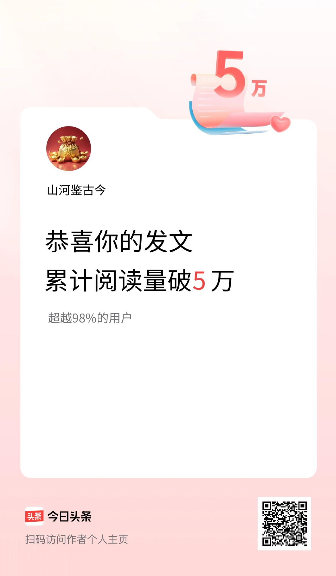 🤝我在头条累计获得阅读量破5万啦！