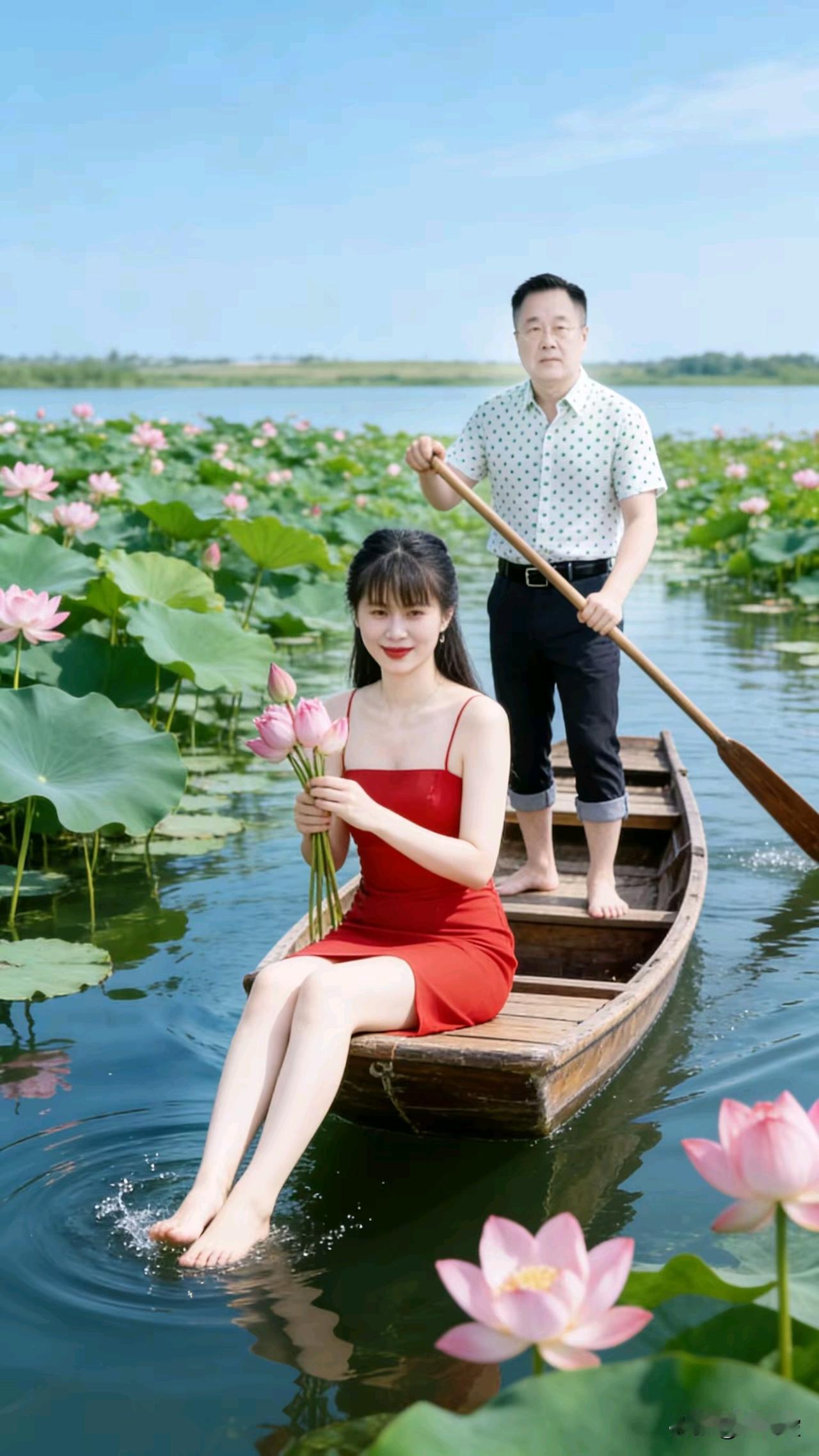 夏荷正盛花开时，
綠叶红花味芬芳，
阿哥撑船妹採花，
水中鱼儿来伴游。