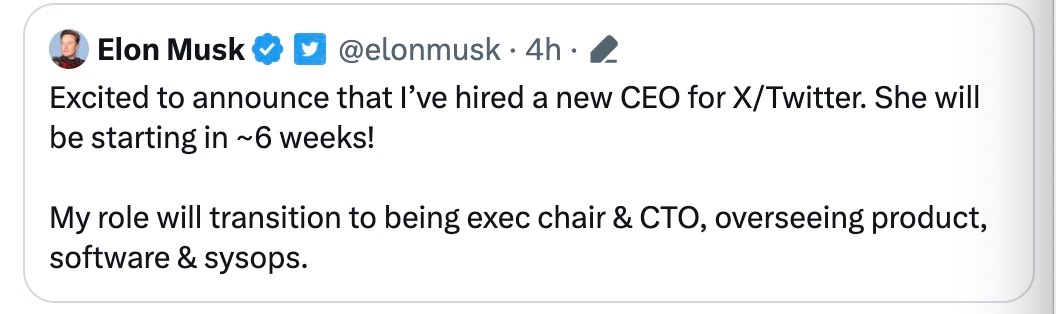 【#马斯克称为推特物色到新CEO#  ＋特斯拉尾盘拉涨】马斯克说，他为推特找到了