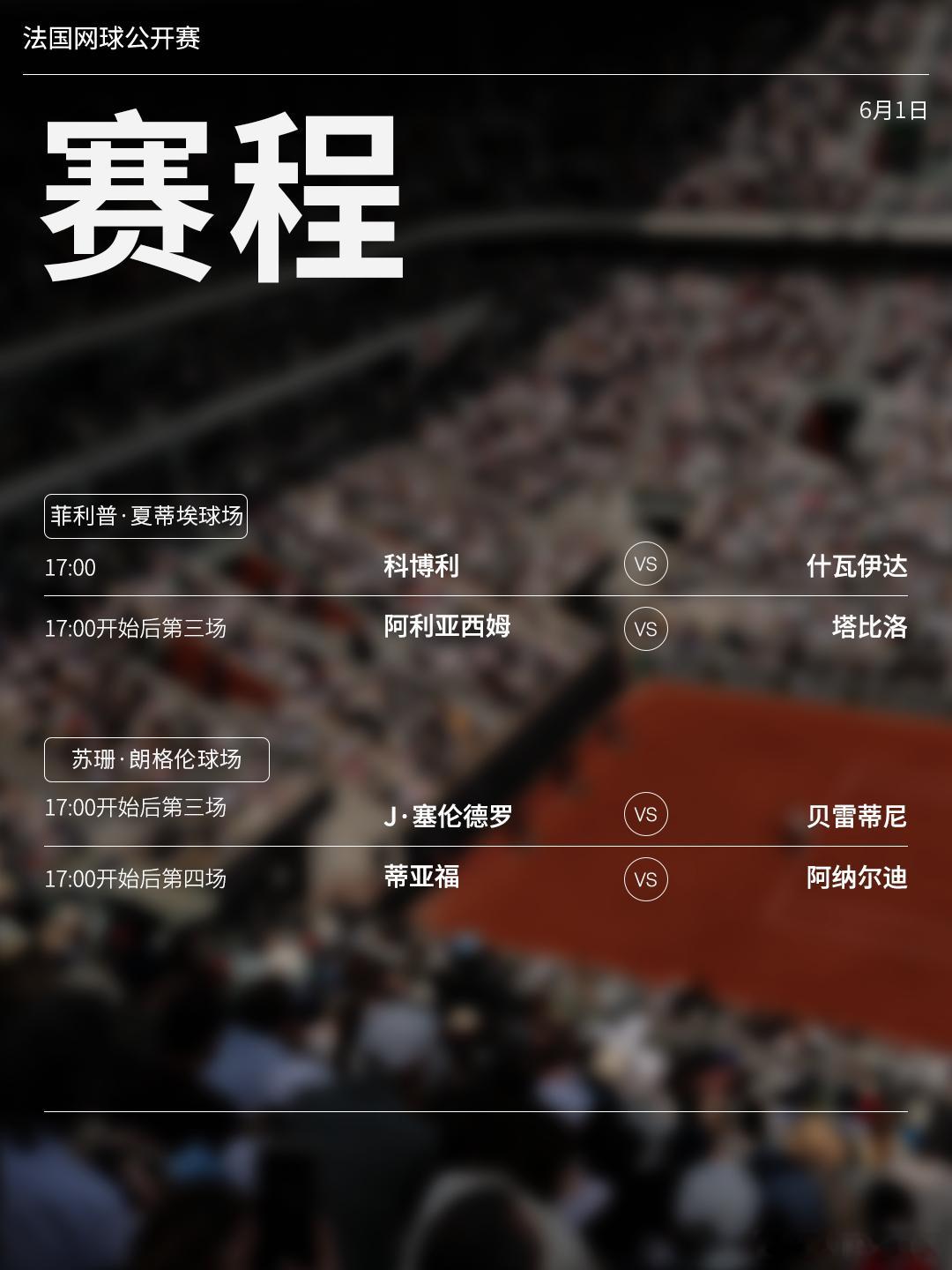 法网2026 第九比赛日赛程如下（均为北京时间）📅⏰菲利普·夏蒂埃球场首场男单