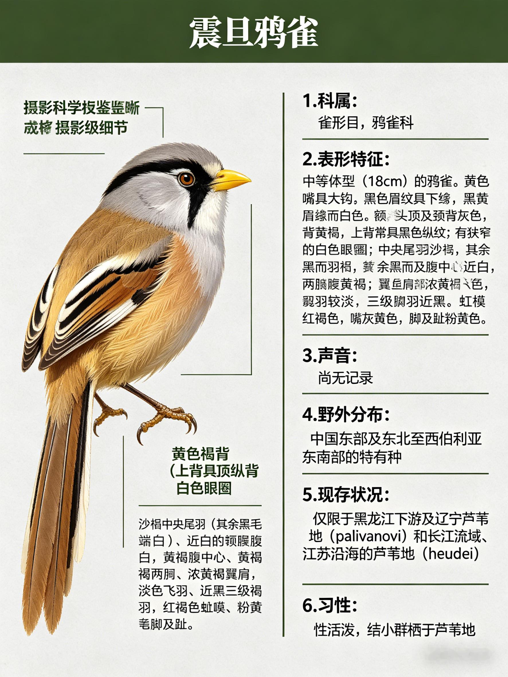 鸟类朋友图鉴 震旦鸦雀·科属：雀形目，鸦雀科。·外形特征：中等体型（18cm）的