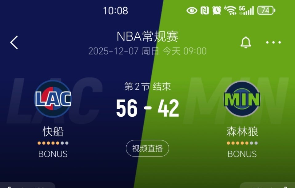 上半场结束，快船领先14分！哈登半场19分！新赛季篮不住快船vs森林狼