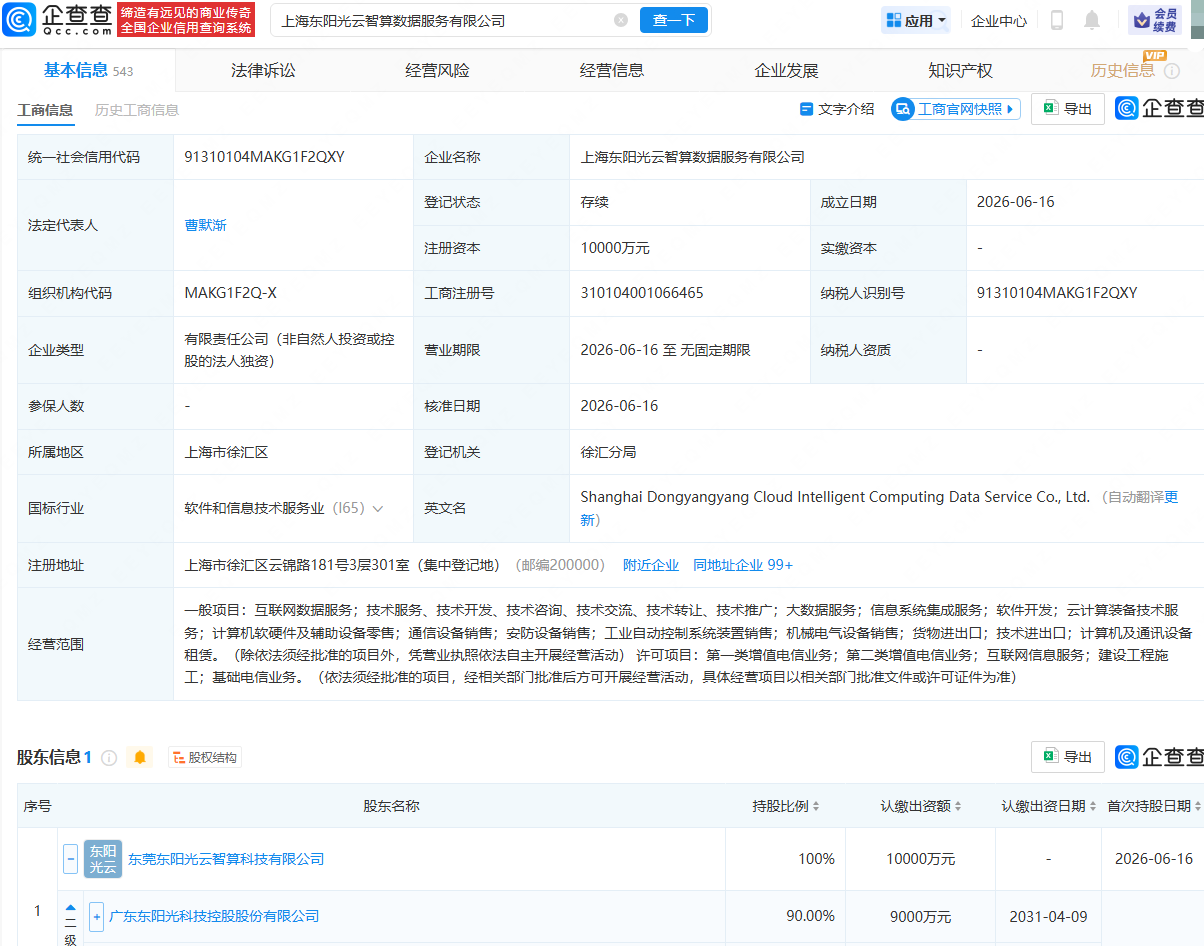 东阳光在上海成立云智算数据服务公司