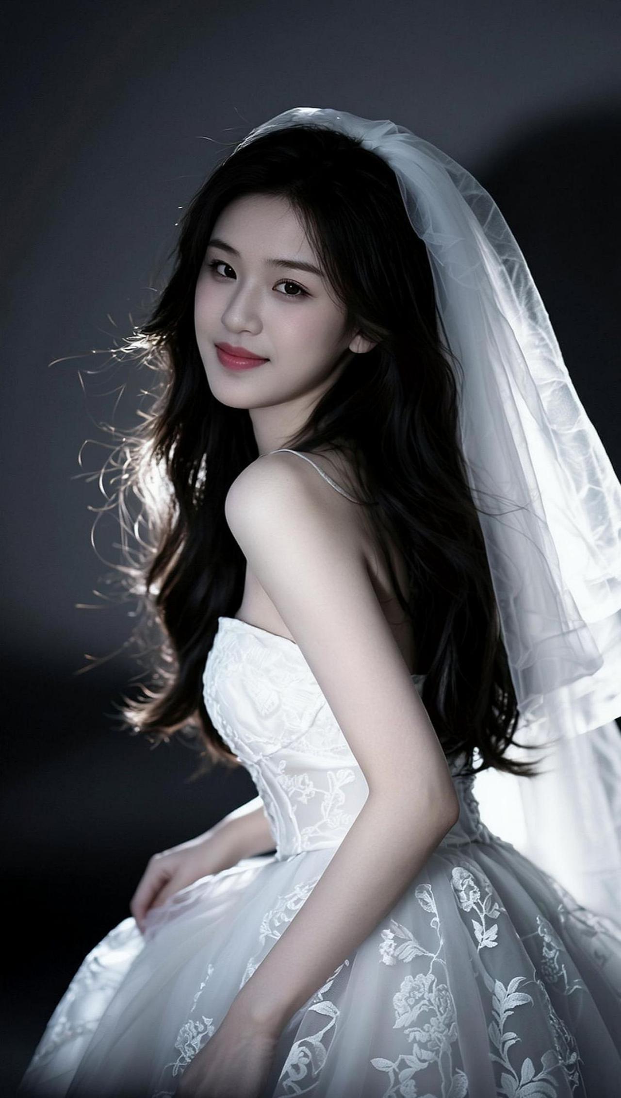 在柔和的光影中，她仿佛是夜空中最亮的星，婚纱的轮廓勾勒出梦幻的线条，每一缕光线都