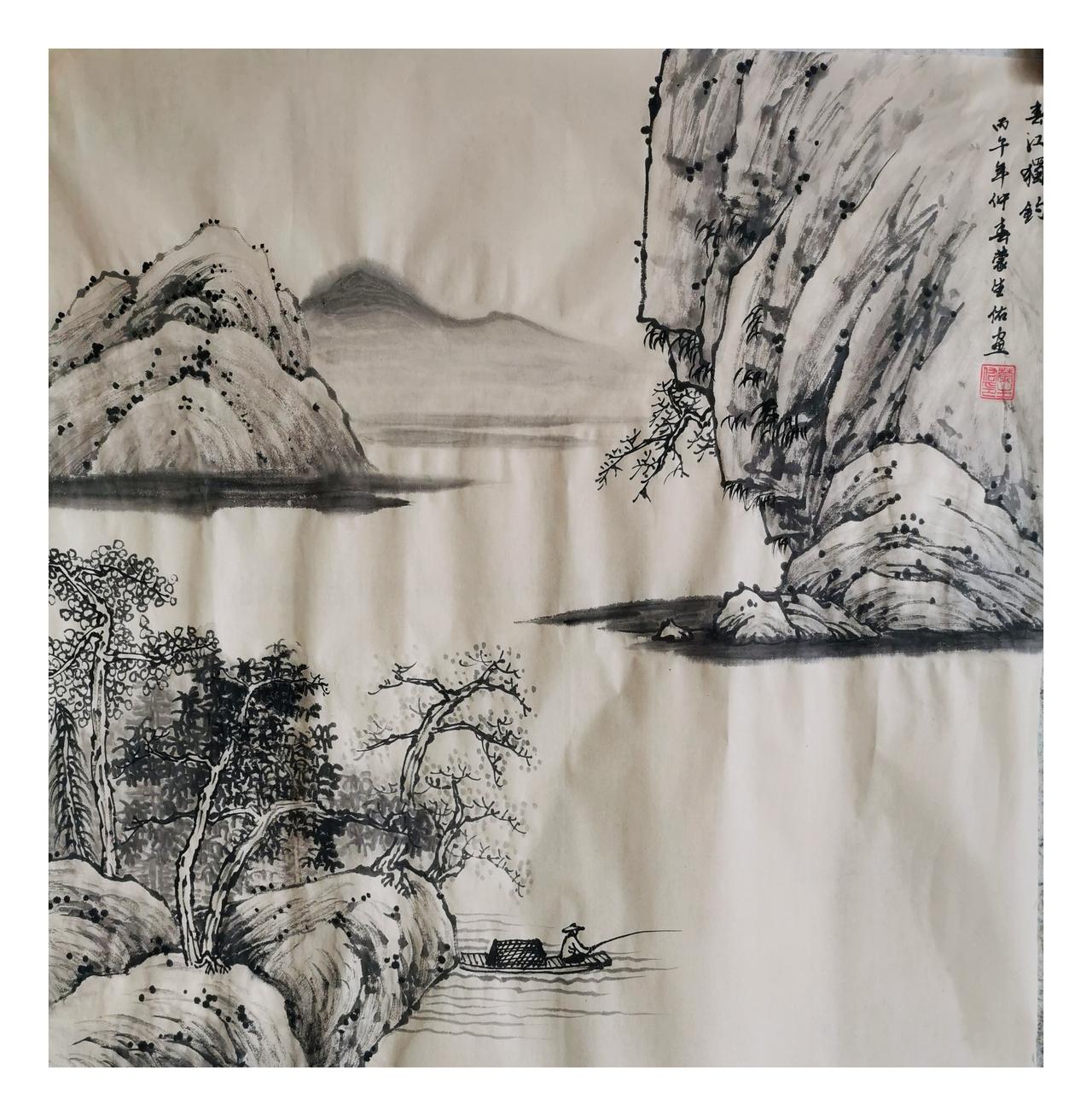 中国山水画原创作品欣赏：传山水画
四尺斗方仿古山水水墨中国山水画 水墨风格山水画