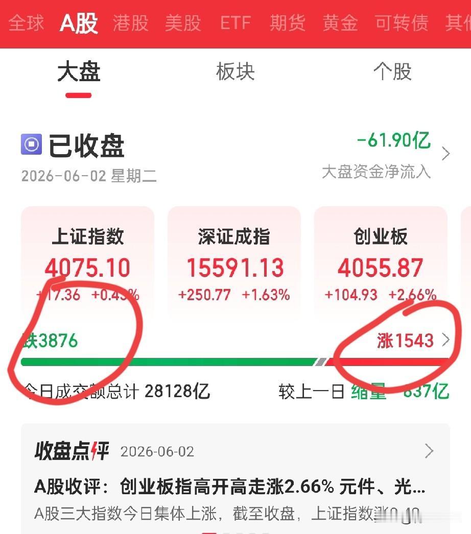 大盘红得像初恋的脸，
你打开账户一看——好家伙，满屏绿得像呼伦贝尔大草原。

为