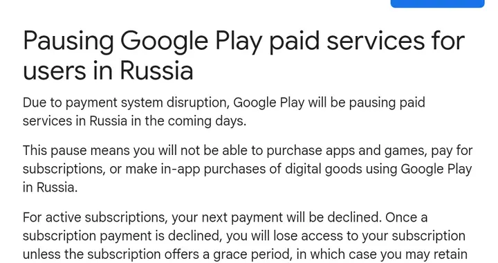 Google Play|Google Play将暂停俄罗斯地区付费服务，玩家或将无法购买和充值游戏