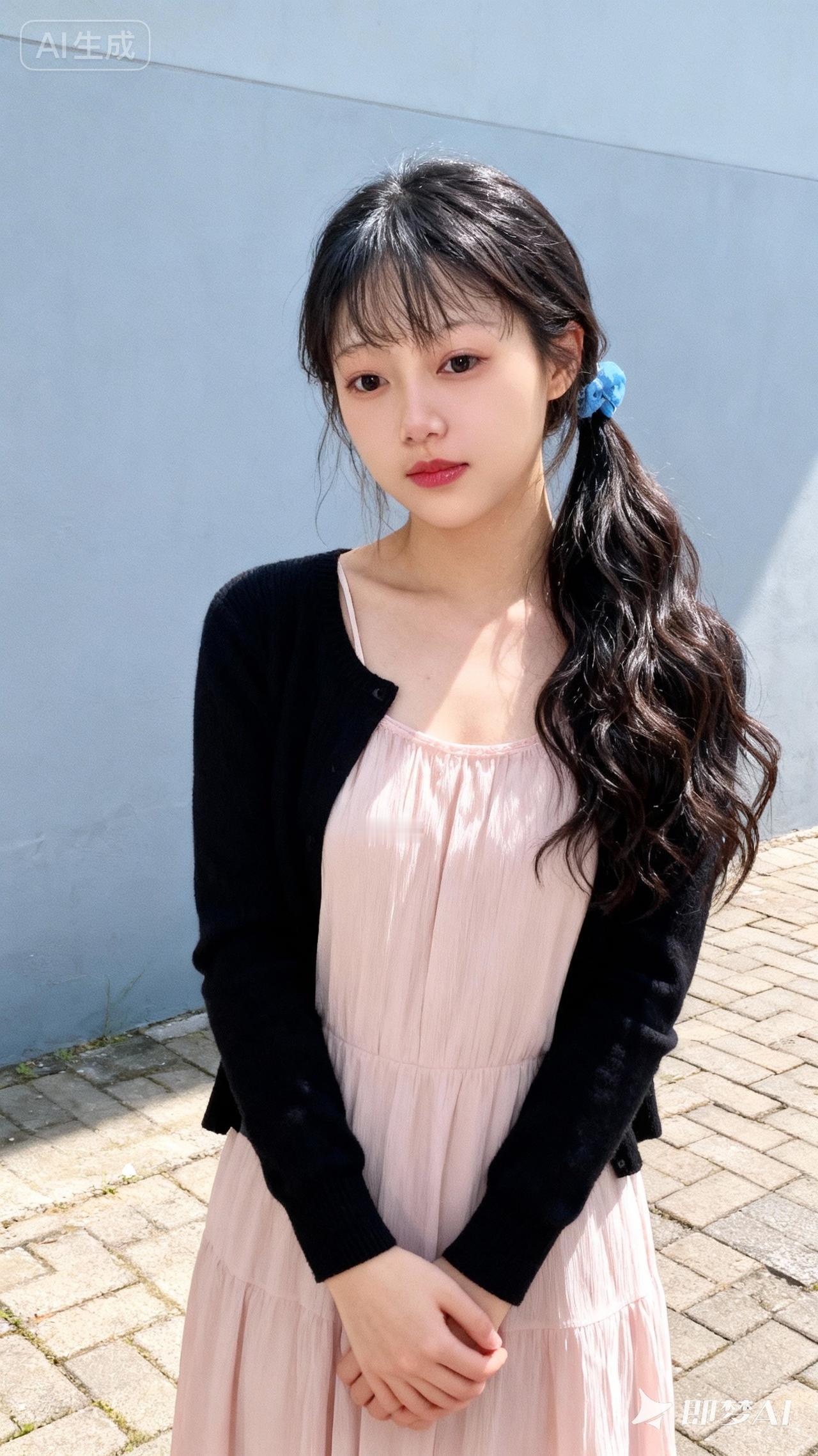 中国年轻女性，黑色长卷发（发尾用蓝色发饰束起），穿着黑色开衫、浅粉色吊带裙普通美