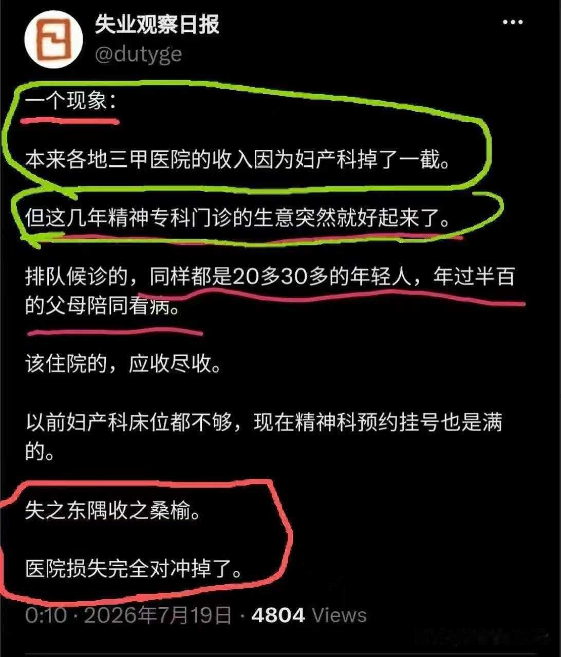 这是不是与你我平日的观察吻合：结婚生孩子的少了，医院妇产科入不敷出，但各地失之东