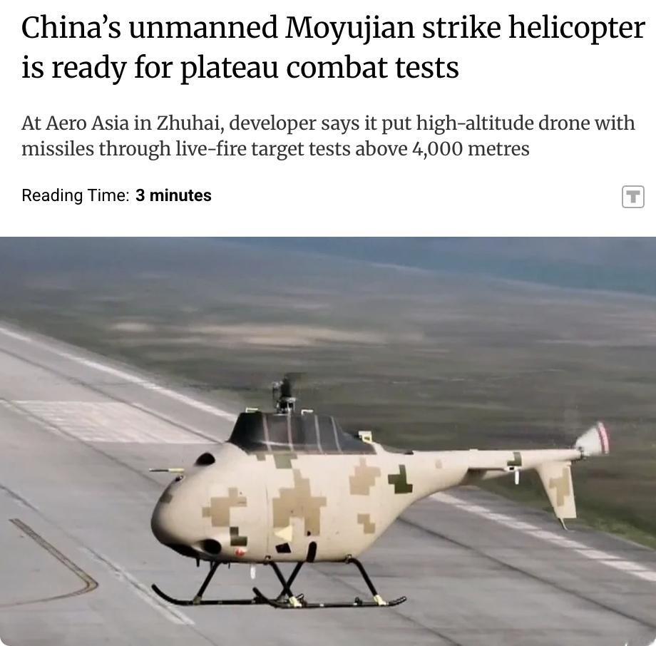 外媒：中国新型无人侦察攻击直升机“没羽箭”已准备好进行高原作战测试。

该直升机