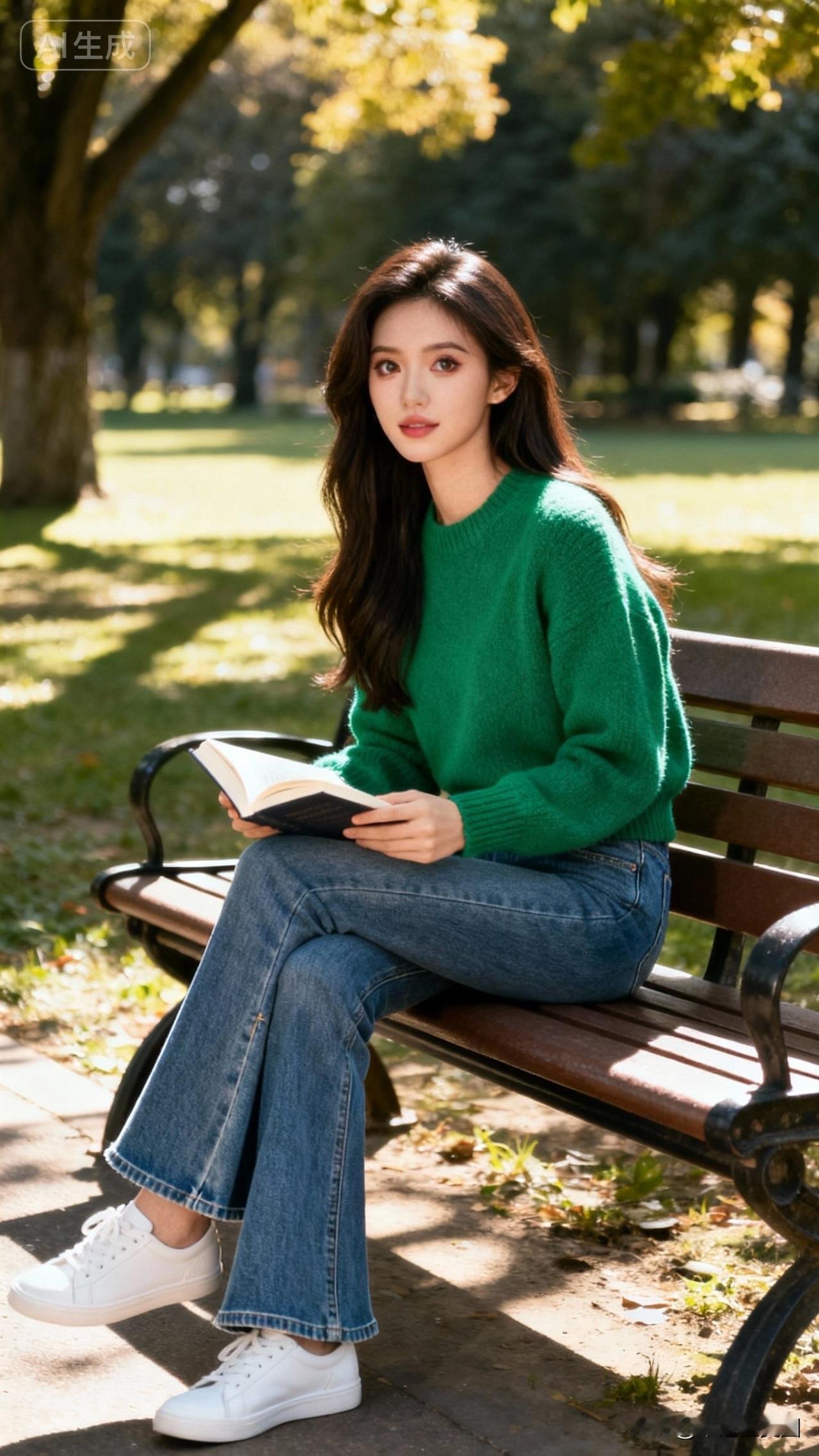 在公园长椅上享受阅读的美好时光📖🍃