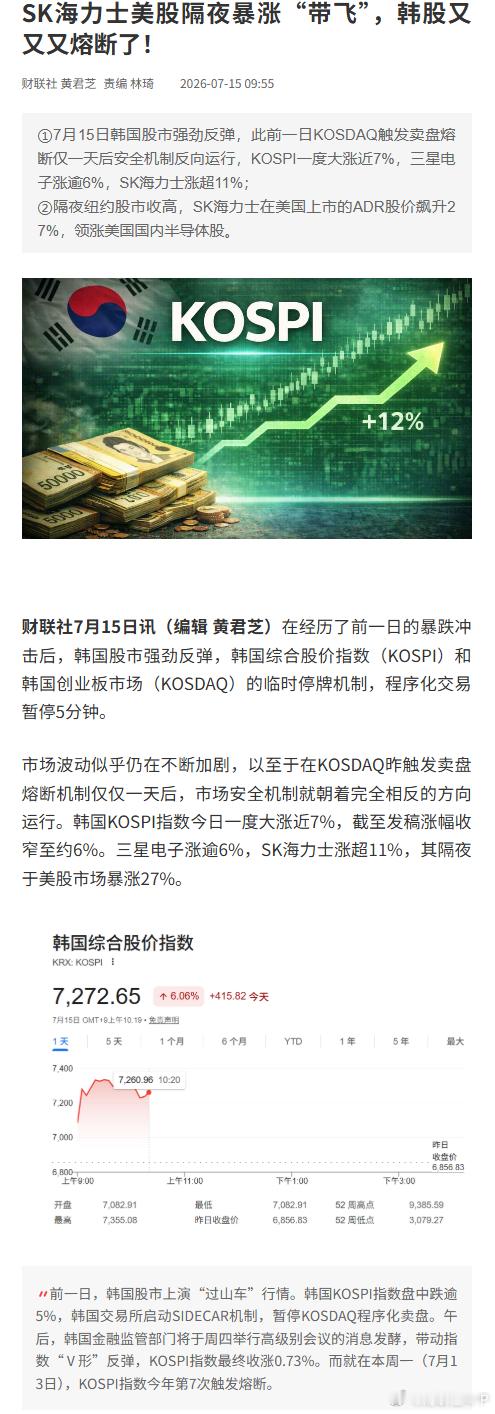 海力士一夜涨超27%韩股开盘10分钟不到就涨熔断【SK海力士美股隔夜暴涨“带飞”