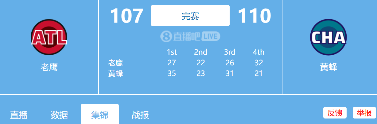 2026.02.12 NBA常规赛 老鹰vs黄蜂 全场比赛录像回放黄蜂送老鹰3连