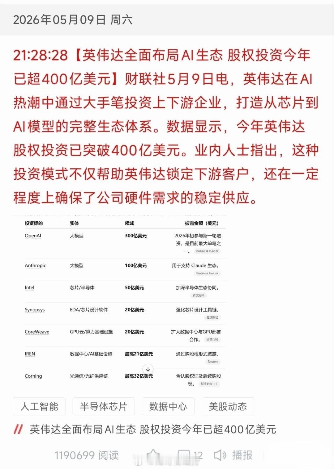英伟达豪掷400亿构筑全球AI生态！A股18大核心受益标的全梳理2026年5月9