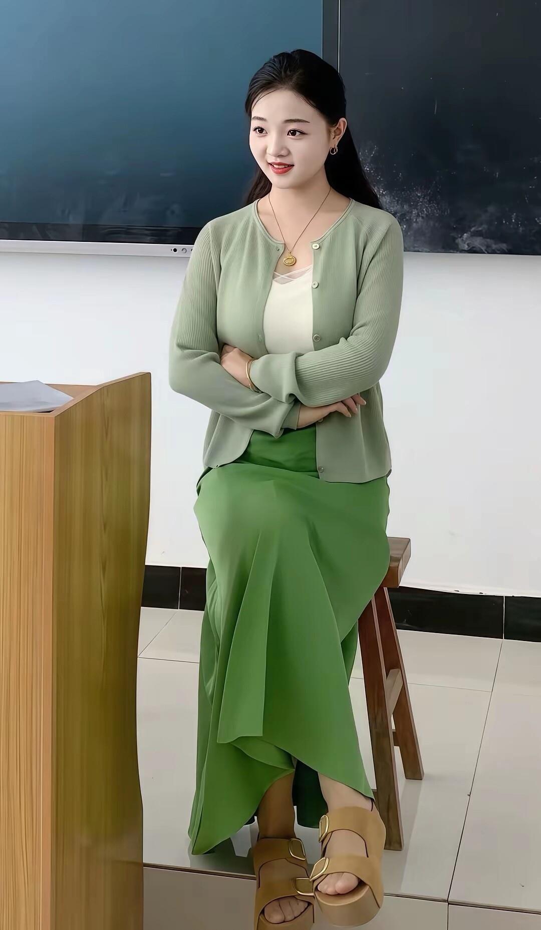 穿搭指南：绿裙+米色开衫，简约自然，轻松自在。
