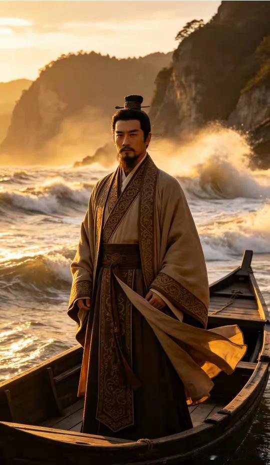 《江舟晚暮行》
大江东走势如雷，
劈断云崖万嶂开。
独立船头迎晚照，
舍我其谁斗