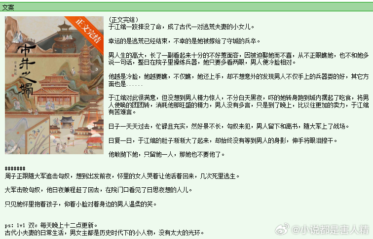 749.《市井之妇》熙熙攘攘晋江已完结。又看完了，自从看了《我妻薄情》后感觉对长