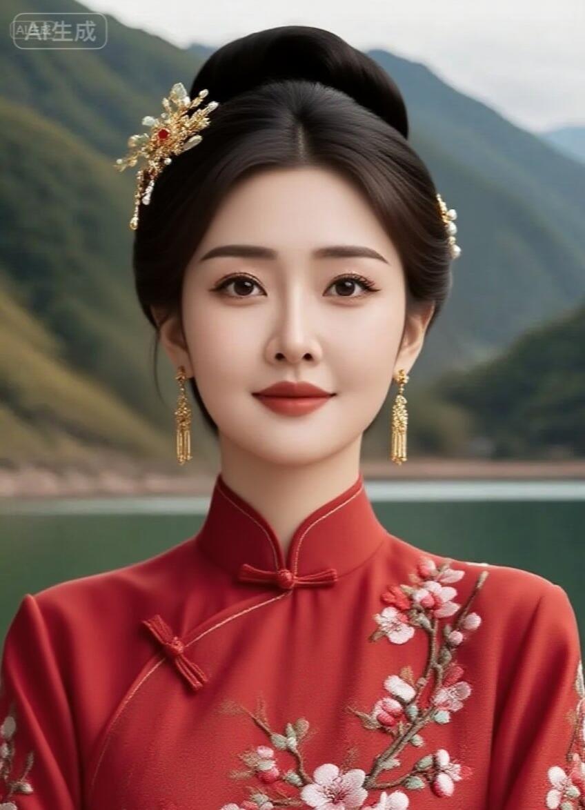 古典美人，红衣花枝，山水相映，美不胜收。