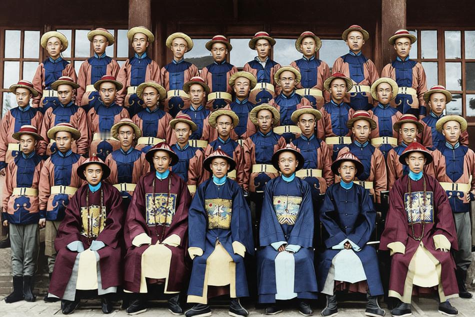 1907年，清末老照片，山西大学堂，即将赴日本留学的学生与教师合影。
照片中，约