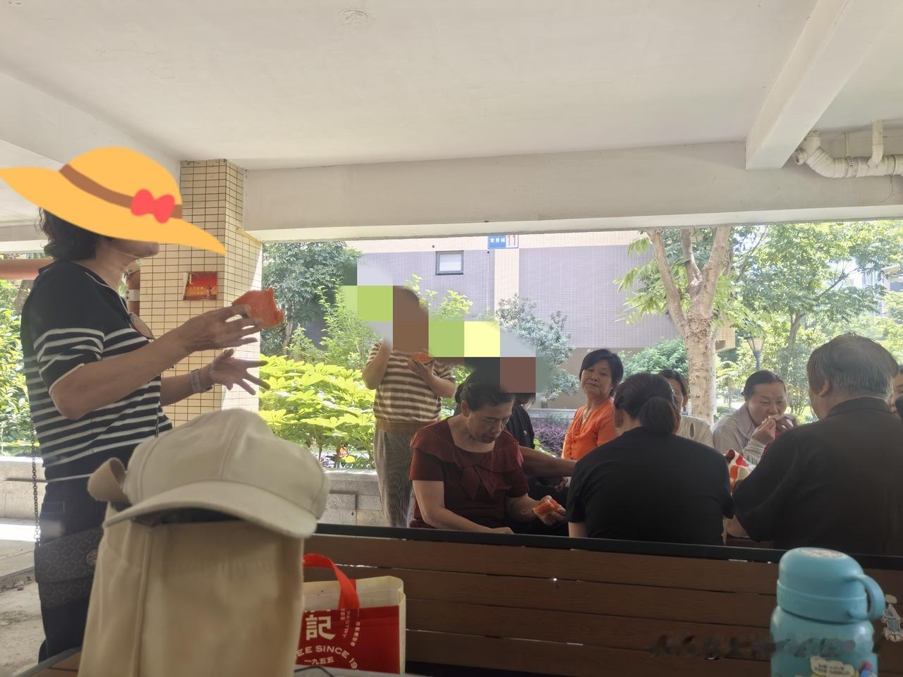 今天上午我出去晒太阳补钙。
小区里面一群跳广场舞的小姐妹们，都是外地来的带孩子奶