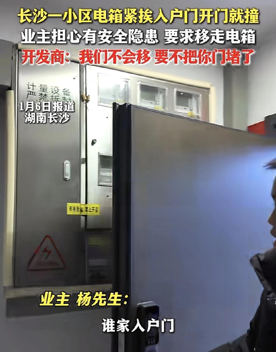 湖南长沙一位小区业主称，他花400万买的房子入户门一打开就碰到墙上的电表箱。这令