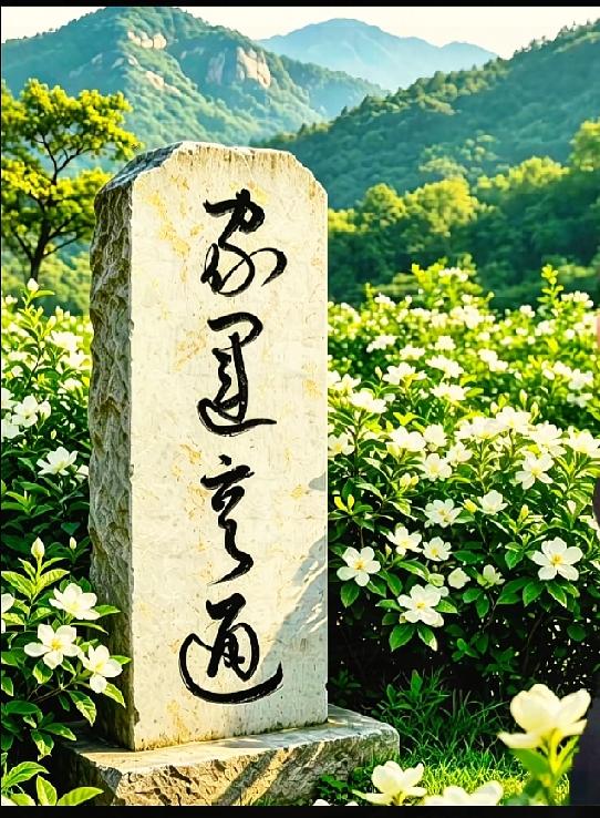 山间石碑四字草书，90%的人没法一眼认全

青山栀子花丛中的这块石碑，竖排四字草