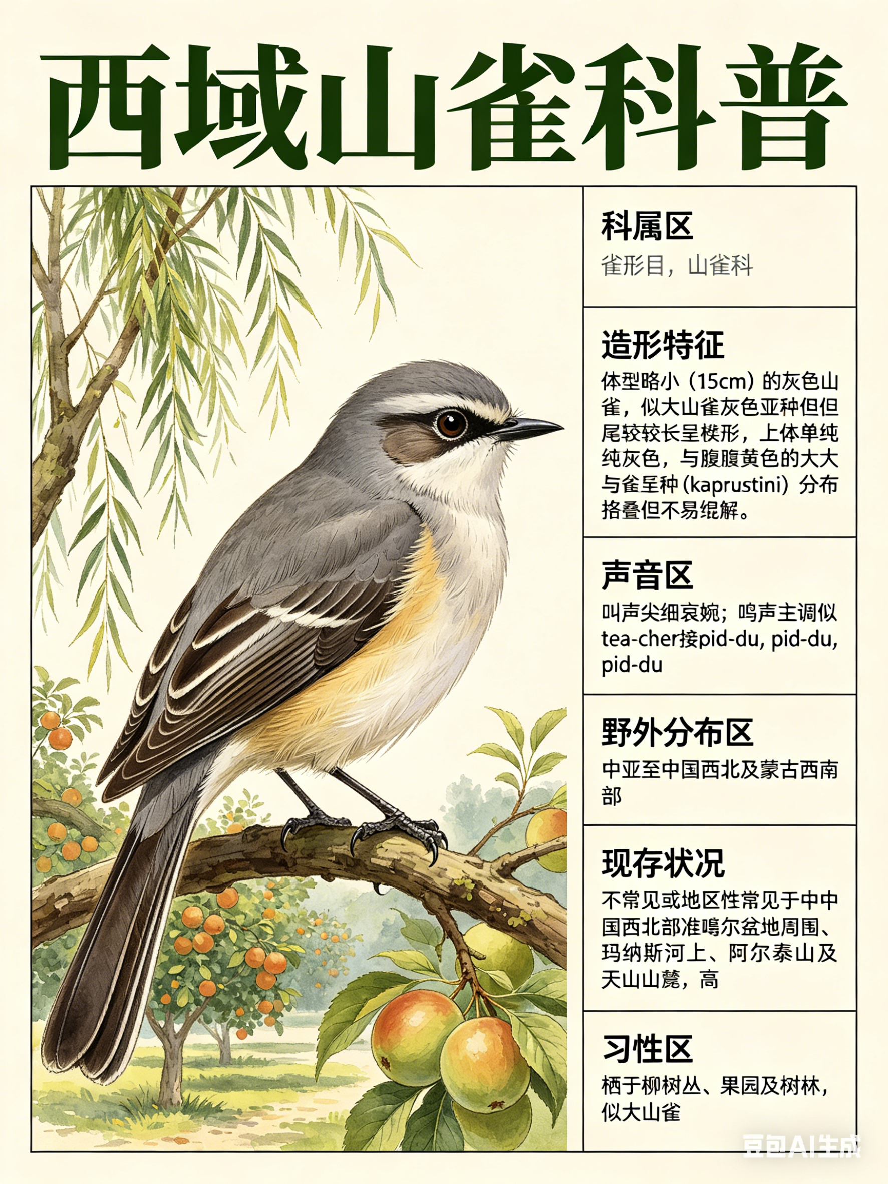 鸟类朋友图鉴 西域山雀·科属：雀形目，山雀科。·外形特征：体型略小（15cm）的