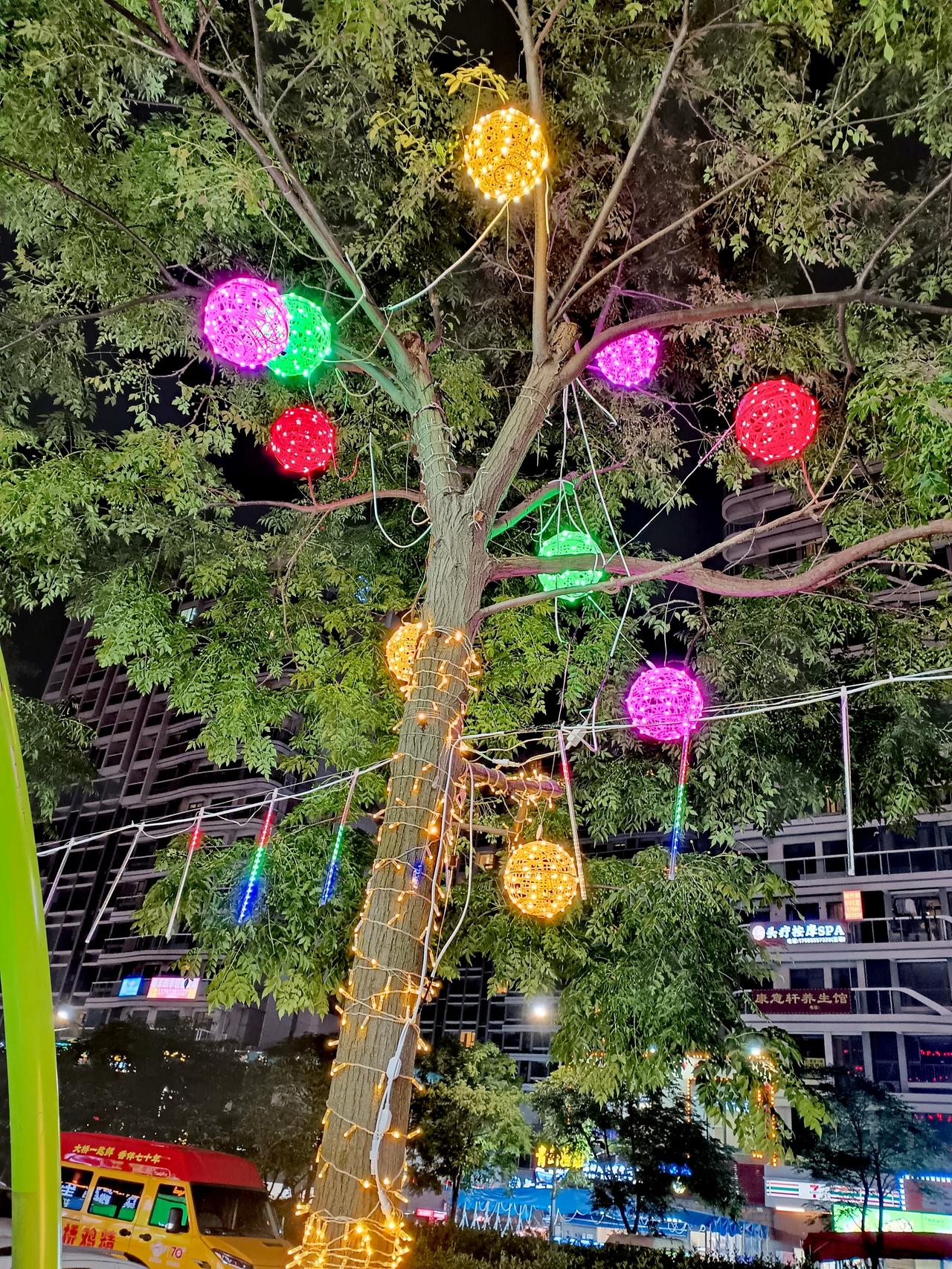 彩灯圆球缀满绿树，夜色流光摇曳，市井晚风温柔，满城烟火氛围感拉满。