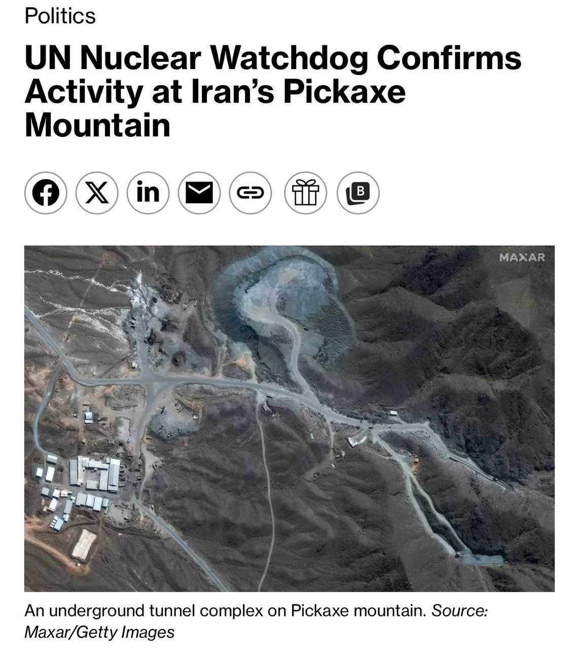 彭博社报道称，国际原子能机构（IAEA）观察到伊朗一座名为“镐山”的、戒备森严的